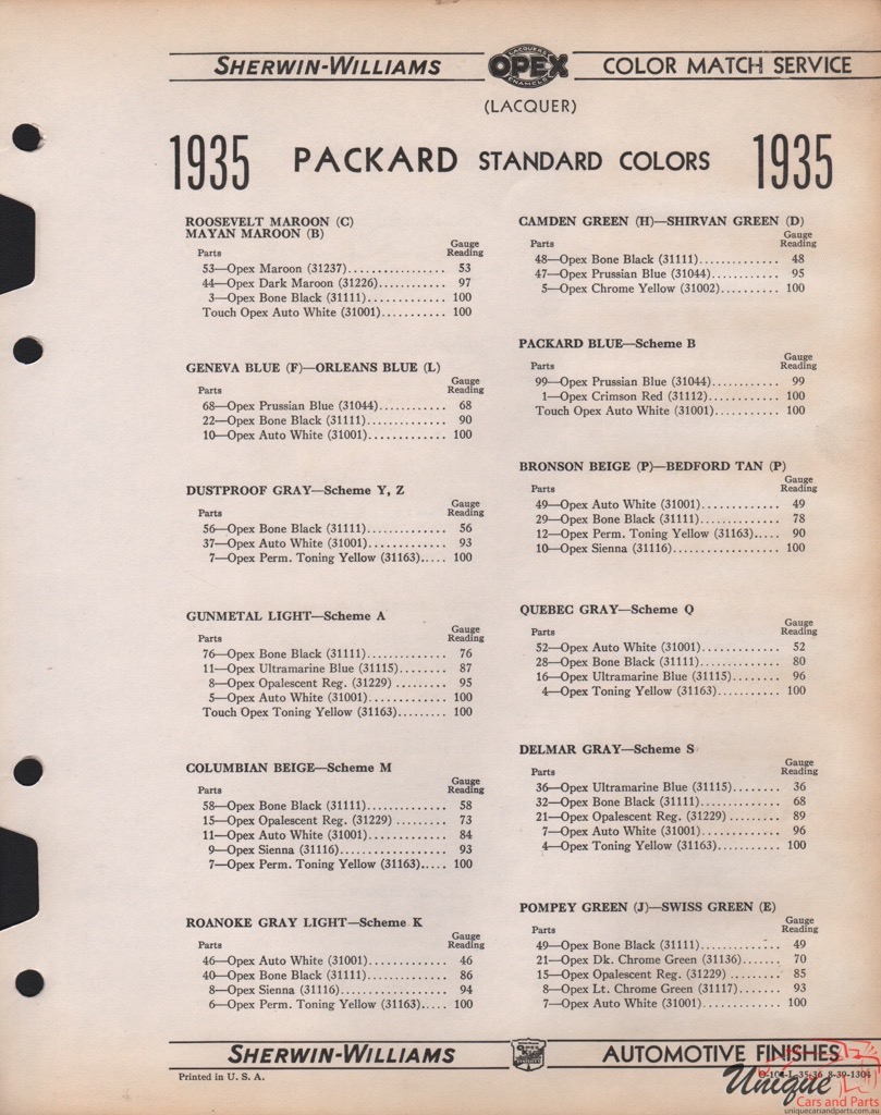1935 Packard Paint Charts Williams 2